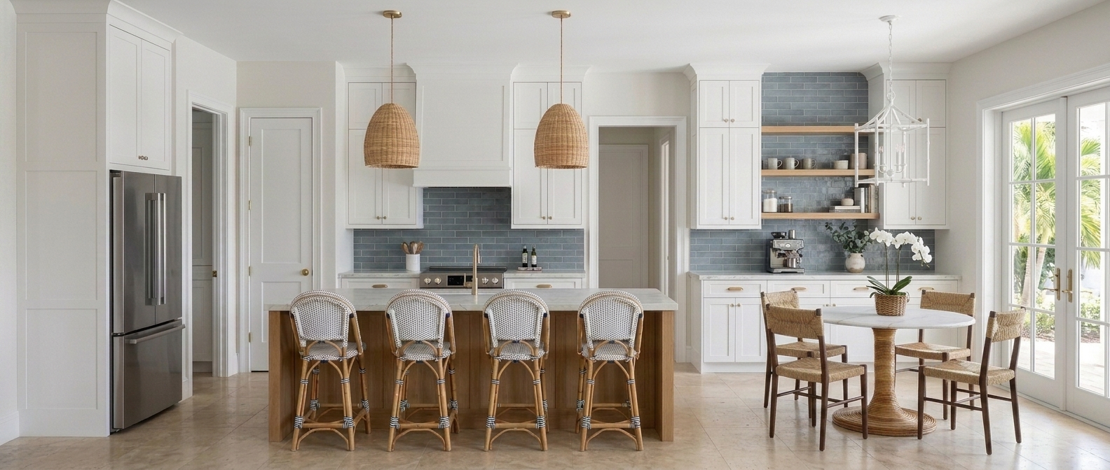 Coastal white kitchen with wood island, rattan stools and blue tile backsplash